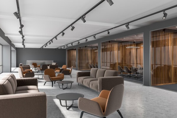 luxury office corridor, dark wood meeting room
