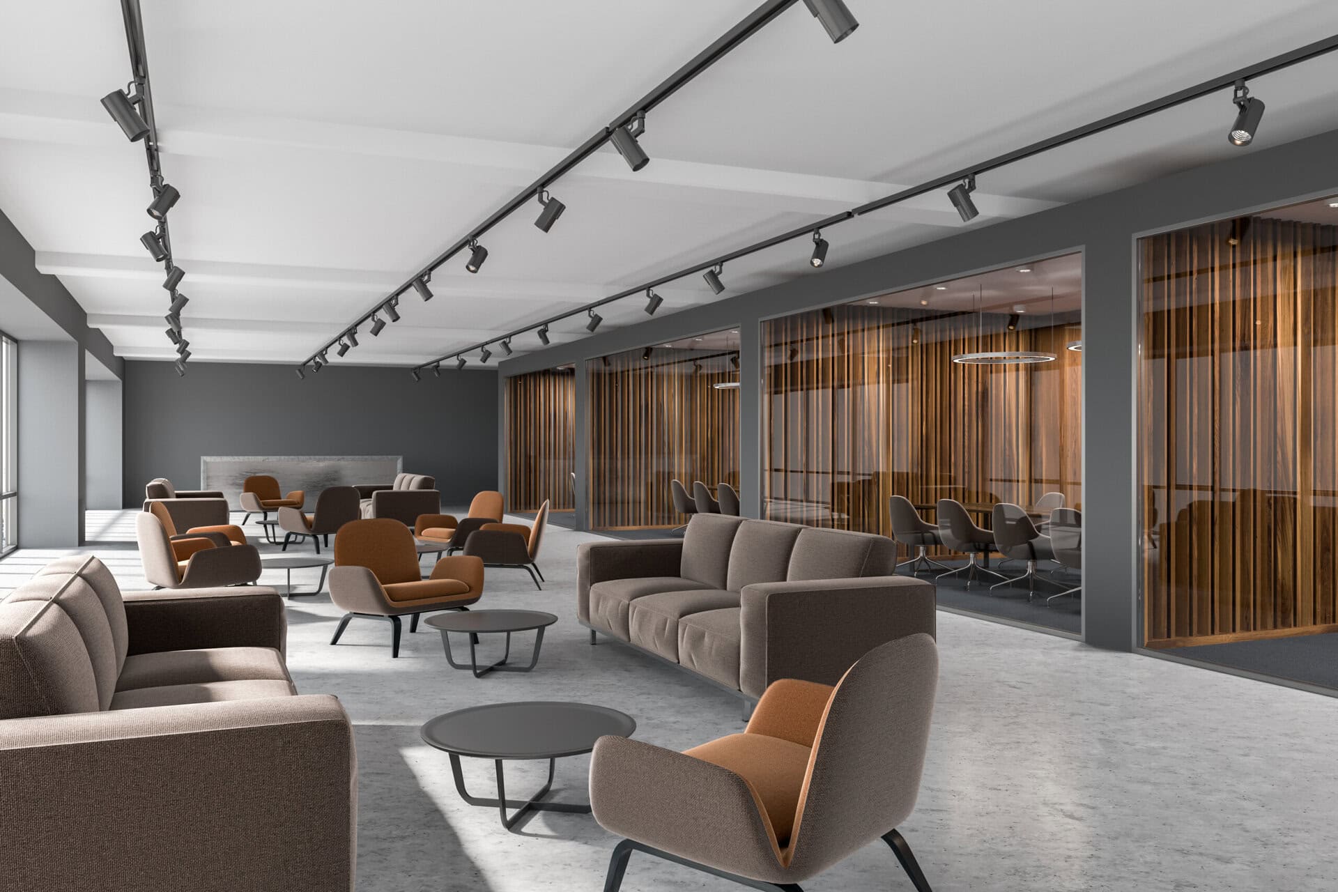 luxury office corridor, dark wood meeting room